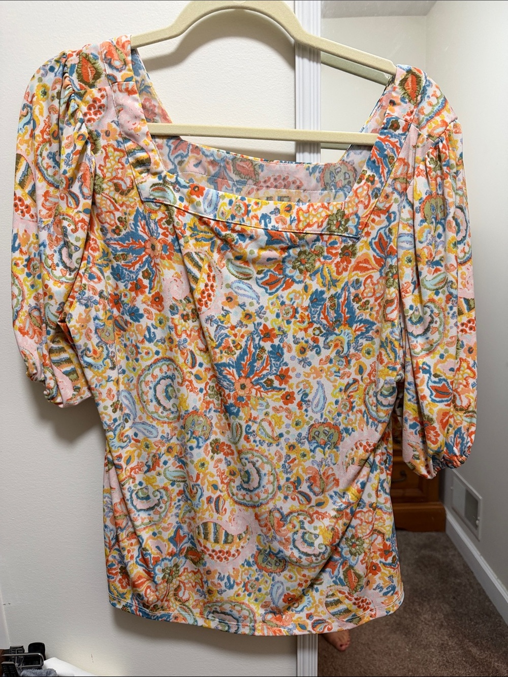 CeCe Floral Paisley Puff Sleeve Blouse in Coral, Blue, Yellow